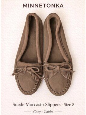 Minnetonka Brown Suede Moccasin Slippers Fringe Tie Size 8